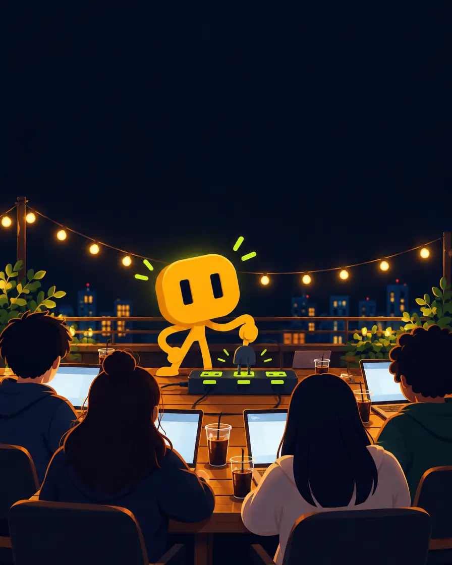 옥상에서 노트북을 켜 둔 밤 모임과 멀티탭에 플러그를 꽂는 노랑이